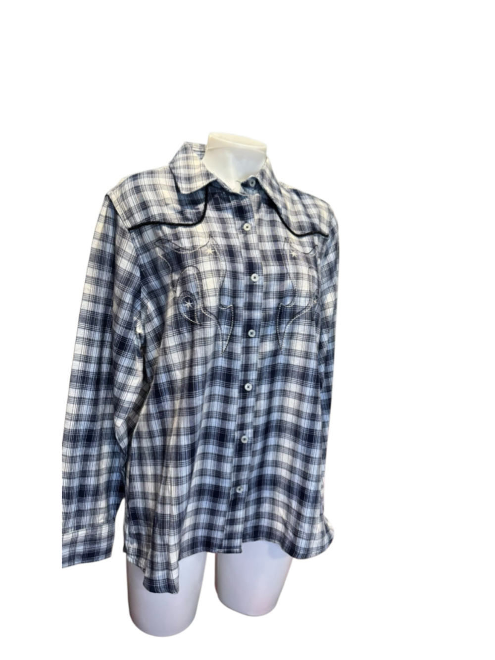 Women's Vintage Threads Plaid Button Down Shirt, Size L, Blue and White